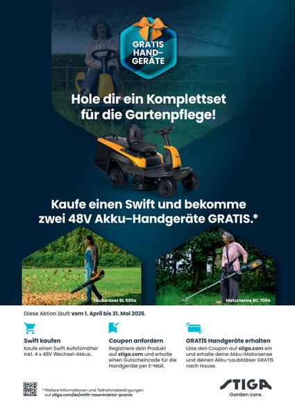 STIGA Akku-Aufsitzmäher SWIFT Zugabe-Aktion